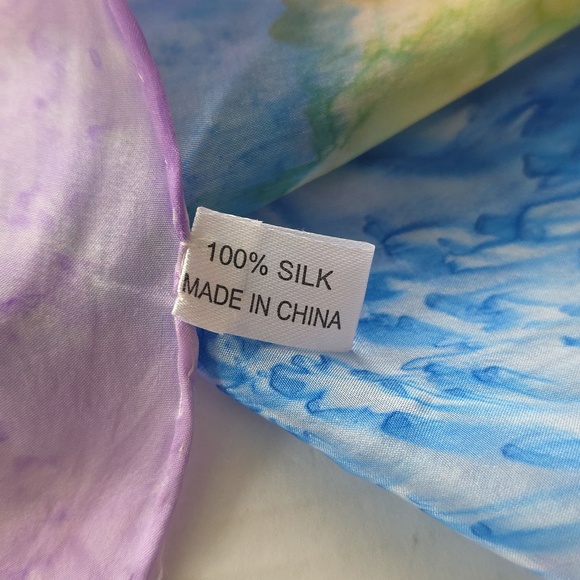 100% Silk Watercolor Tie‑Dye Oblong Scarf 13x67 Pastel Purple Blue - Picture 3 of 7
